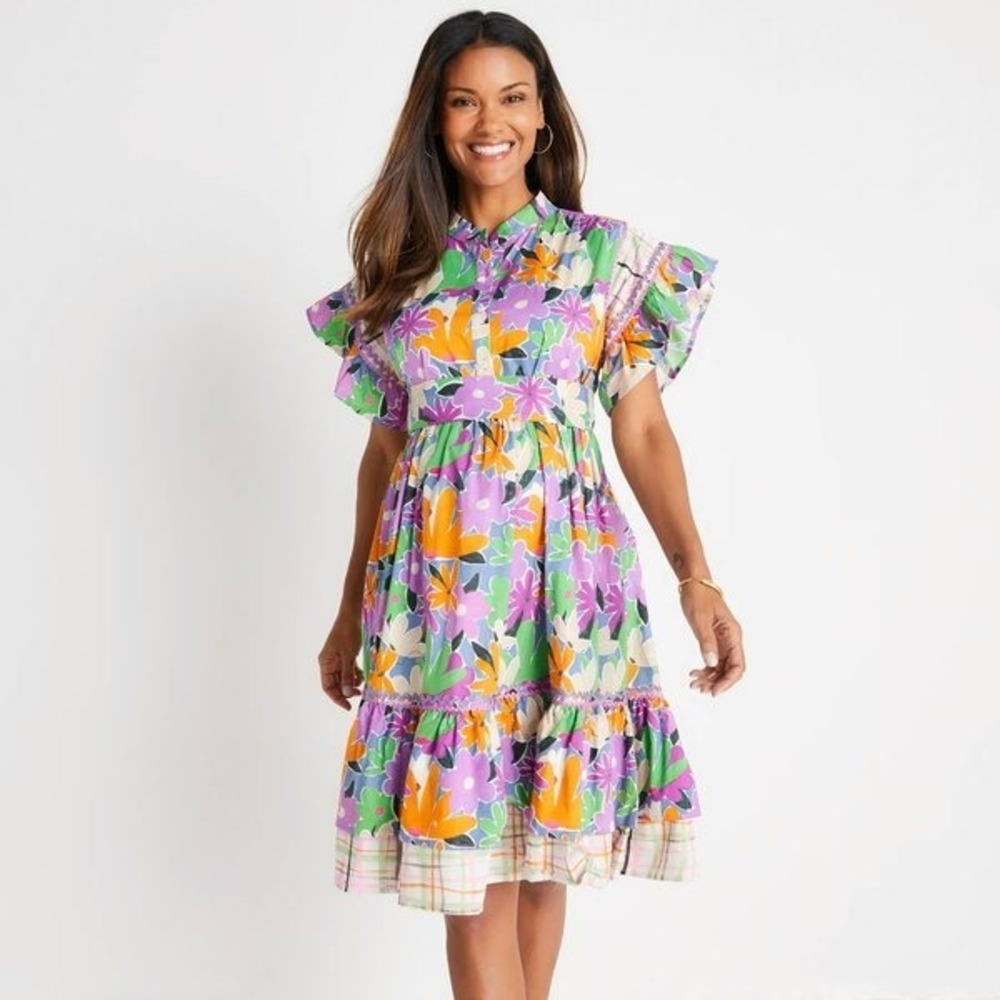 Celia B Yvette Dress Floral Flutter Sleeve Tiered Midi Multi Color- Small